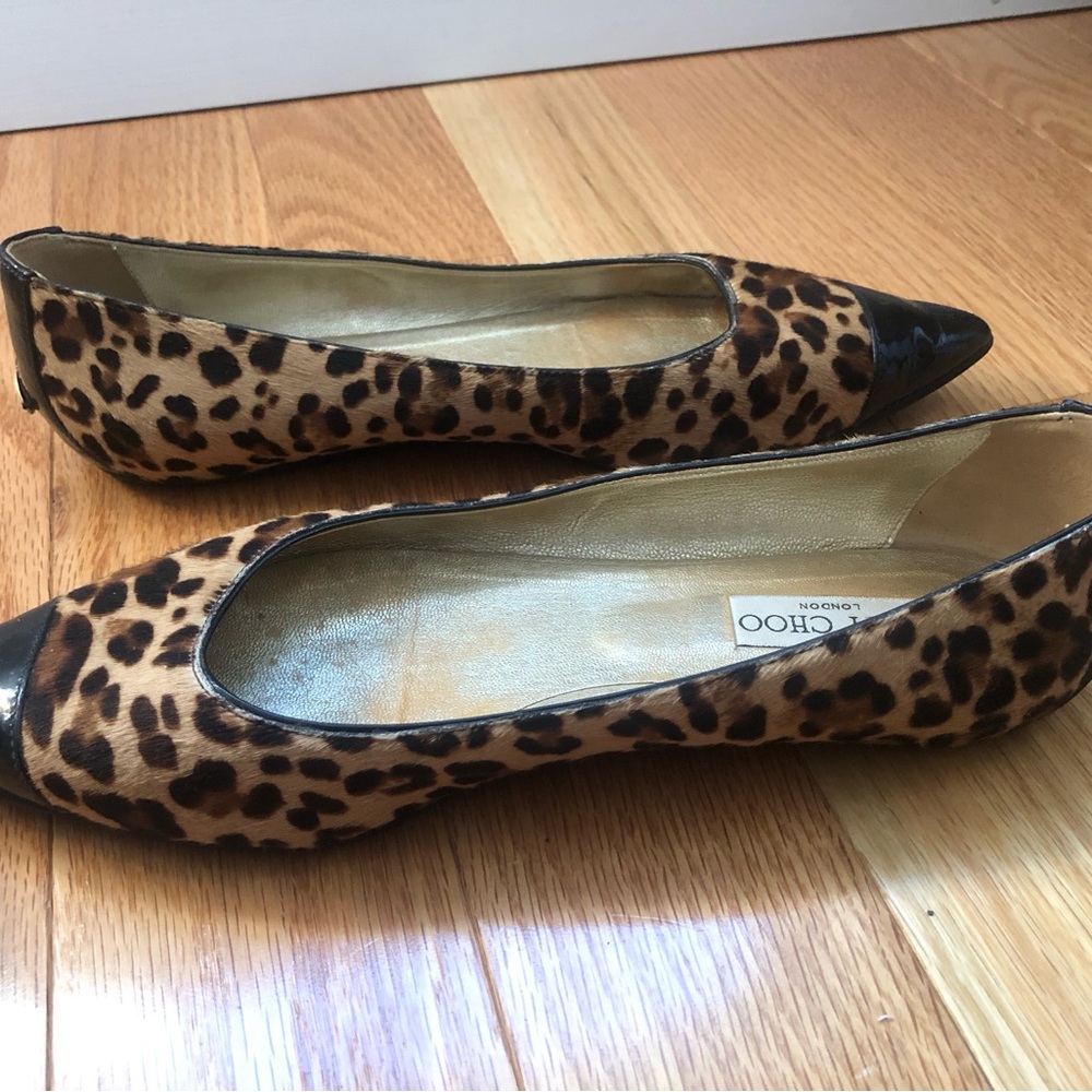 Jimmy Choo Calf Hair Leopard-Print Pointed Toe Flats in Tan and Black